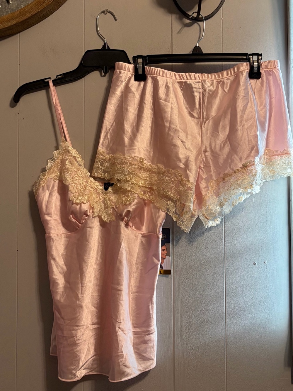 RACHEL Rachel Roy Pink Satin Chemise and Shorts with Cream Lace Trim